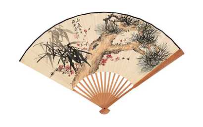 符铁年 甲申（1944）年作 三友图 行书 成扇